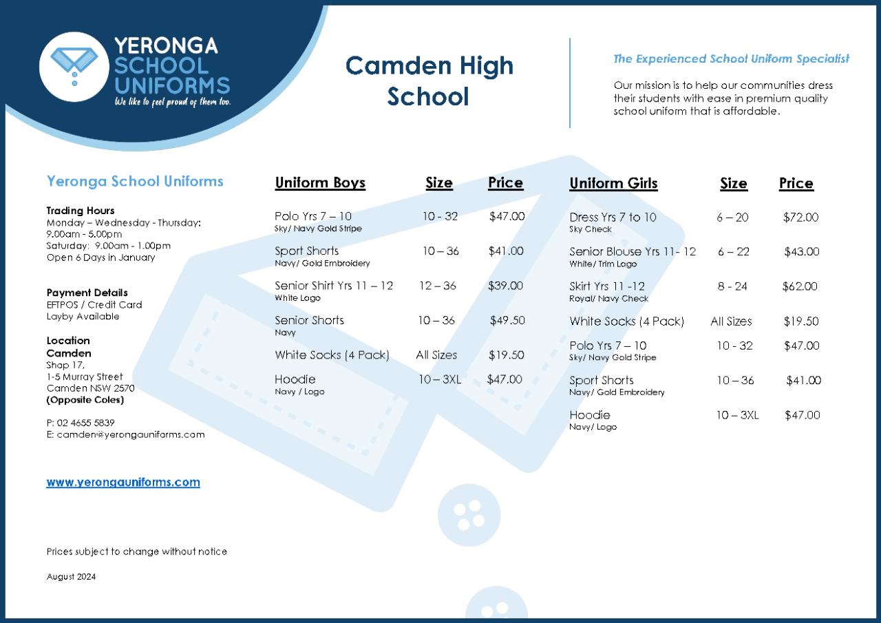 Yeronga Uniforms Camden High School Price List August 2024
